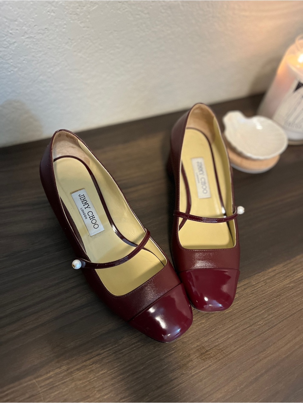 Jimmy Choo Burgundy Mary Jane Pumps with Pearl Accent